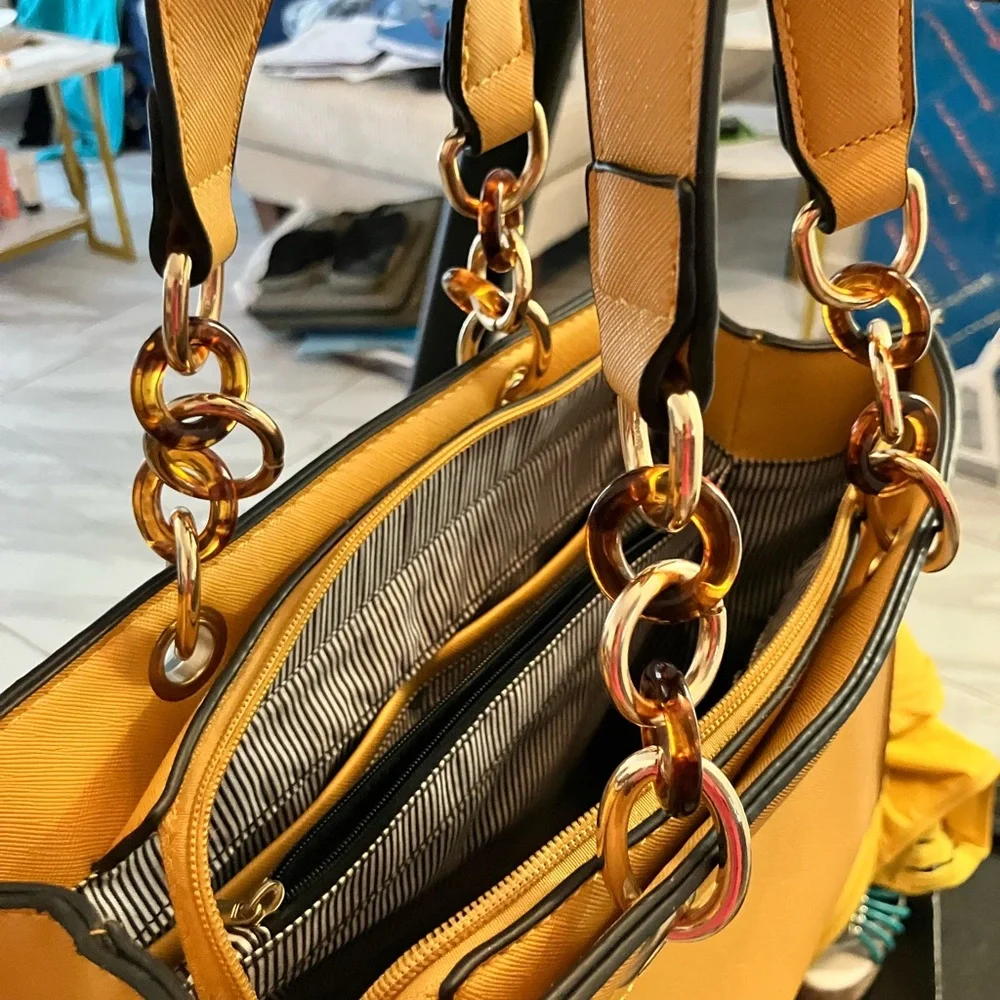Vibrant Yellow Geometric Tote Bag with Silver Hardware - Picture 2 of 5